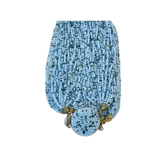 1980s Blue 36 Strand Seed Bead Demi Parure Torsade Choker & Clip On Earrings - Picture 6 of 10